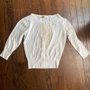 White Button-Up Cardigan with Lace Detail